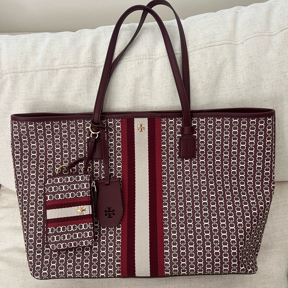 Tory Burch Gemini Link Coated Canvas Burgundy Bag with key charm bag